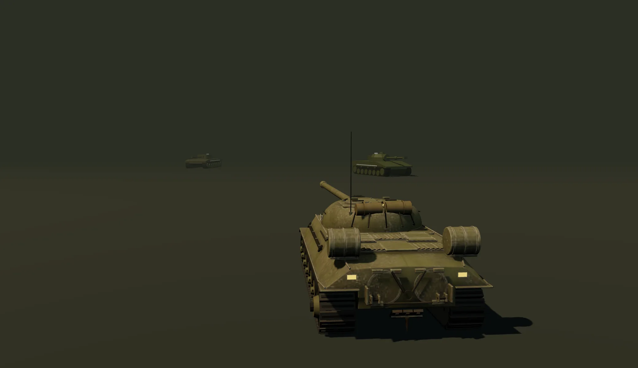 Behind a Molot heavy tank as two enemy tanks appear in the haze ahead