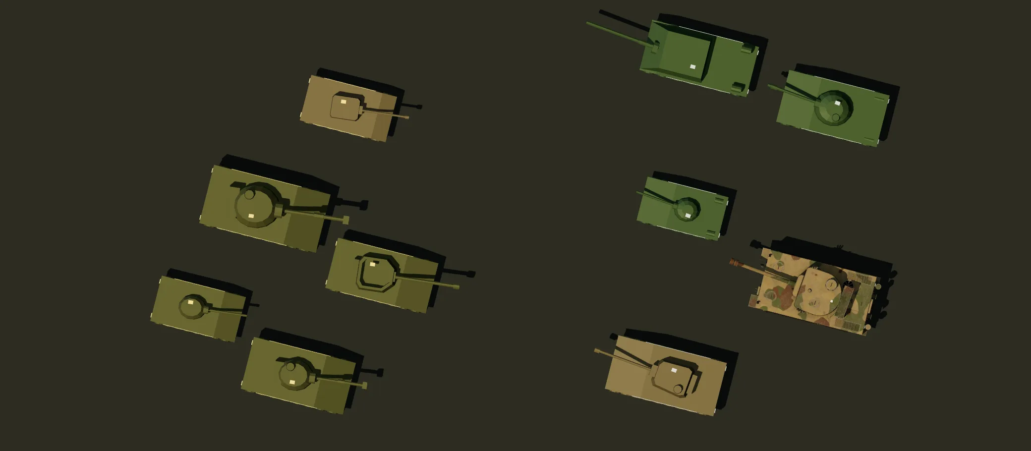 Top-down view of two teams of five tanks facing each other across open ground
